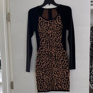 Guess Black and Brown Animal Print Long Sleeve Dress
